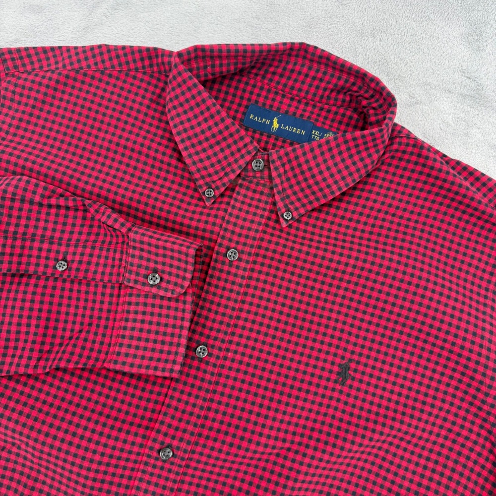 Ralph Lauren Gingham Button Down Shirt Mens XXL Red Black Cotton Long Sleeve